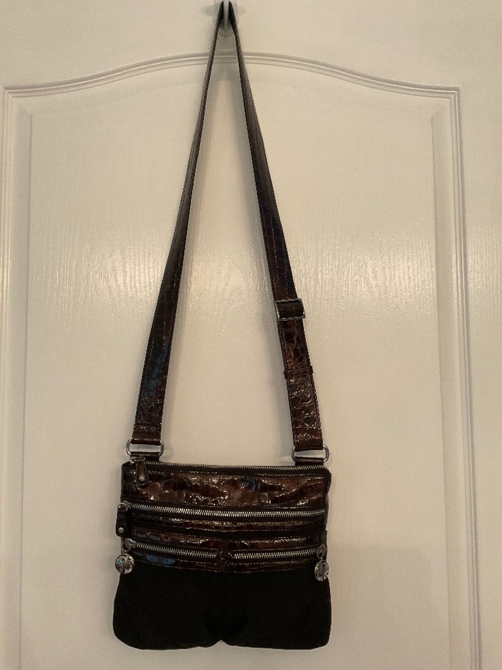 Brighton Black Canvas & Leather Crossbody Purse Lots of Pockets VTG